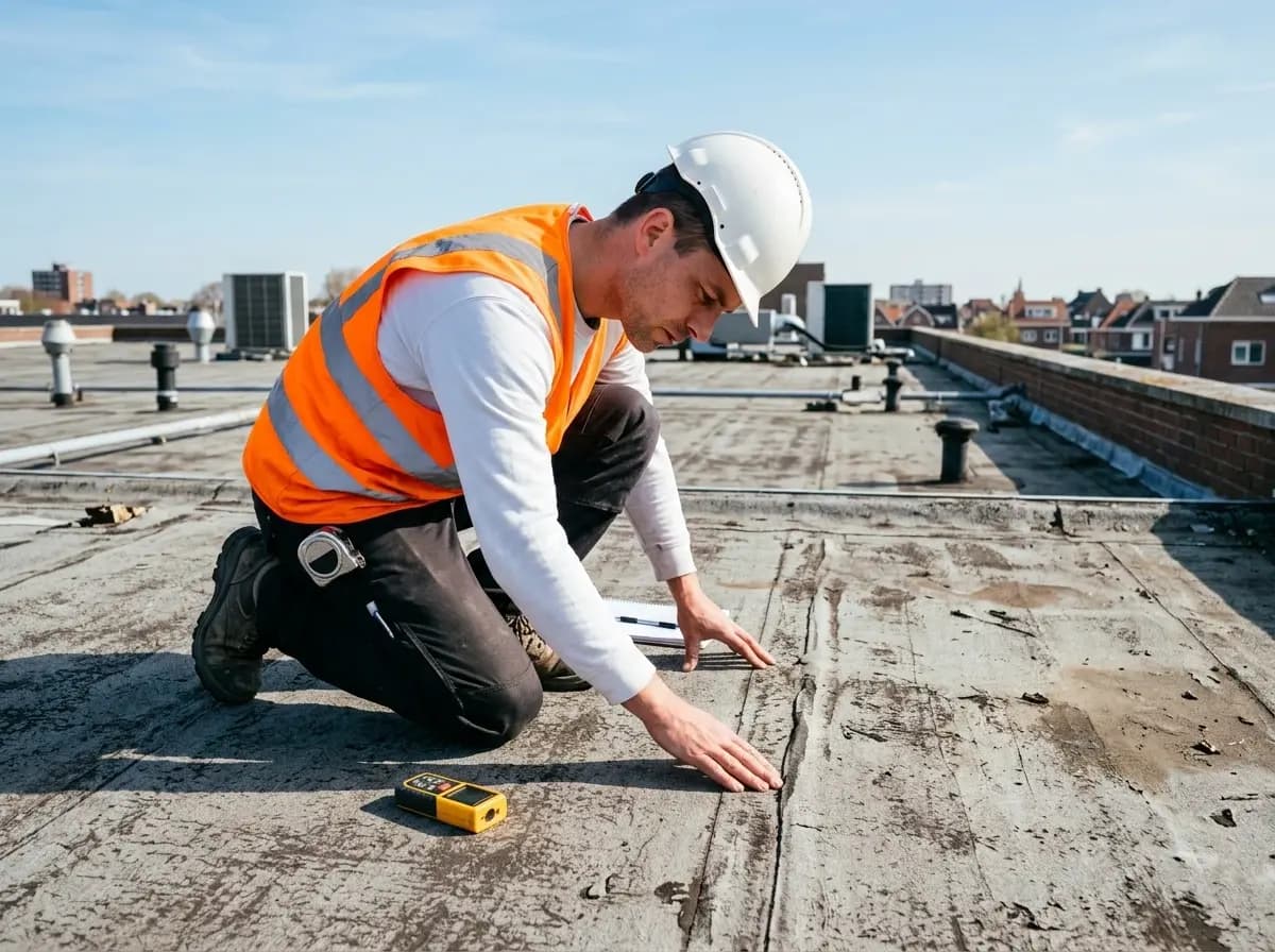 Technicus inspecteert bedrijfsdak voor haalbaarheid zonnepanelen