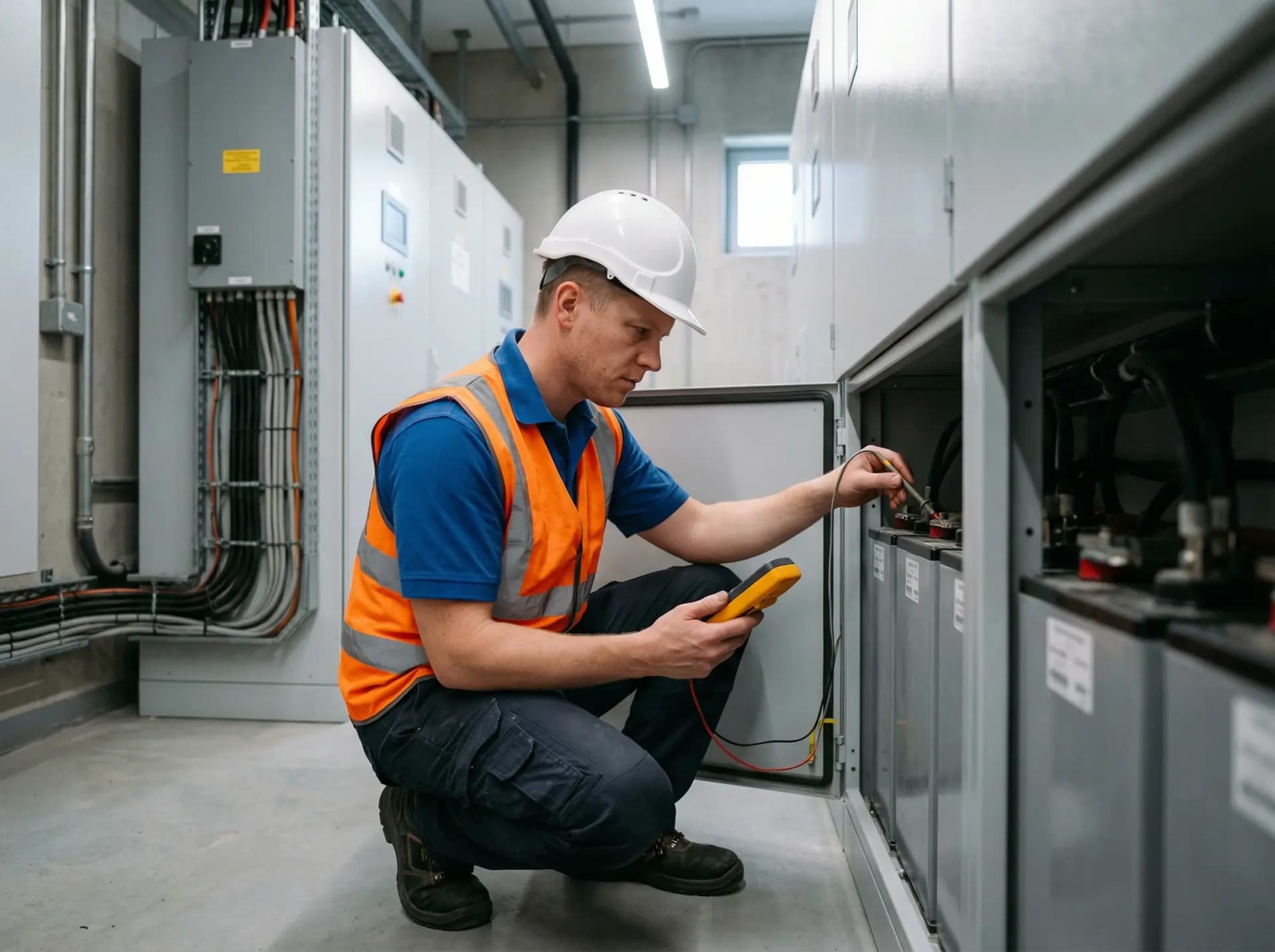 Monteur controleert batterijopslagsysteem in technische ruimte bedrijfspand