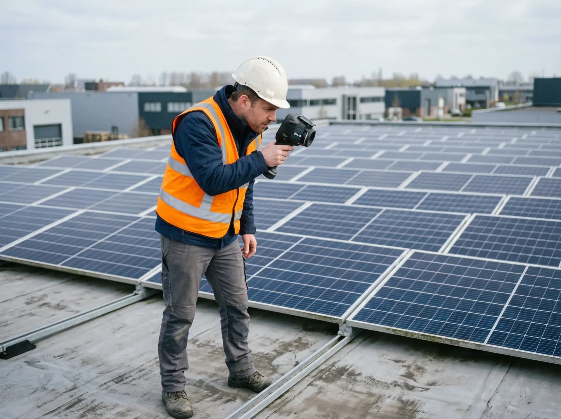 Technicus voert thermografische inspectie uit op zonnepanelen bedrijfsdak