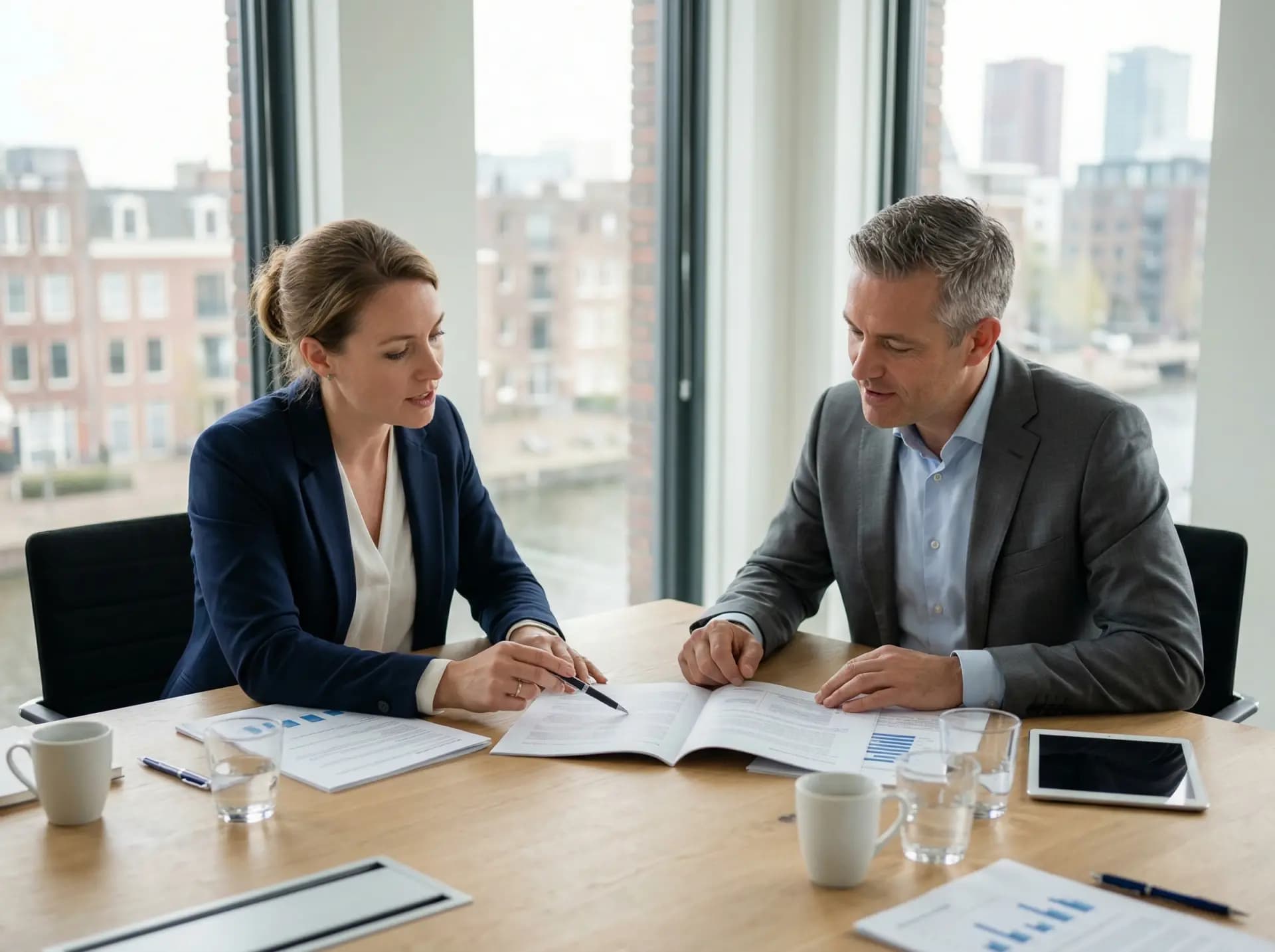 Adviseur en bedrijfseigenaar bespreken servicecontract voor energiesysteem