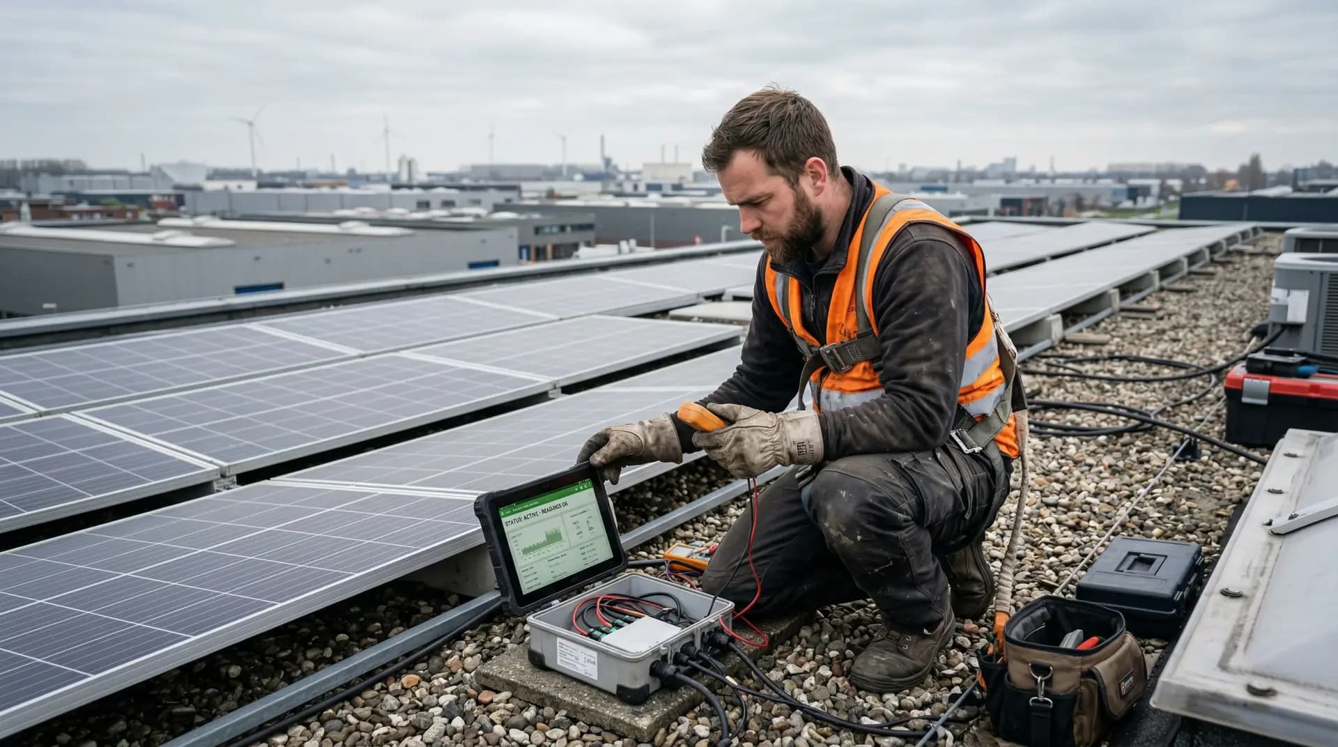 Technicus inspecteert zonnepanelen op dak van bedrijfspand tijdens preventief onderhoud