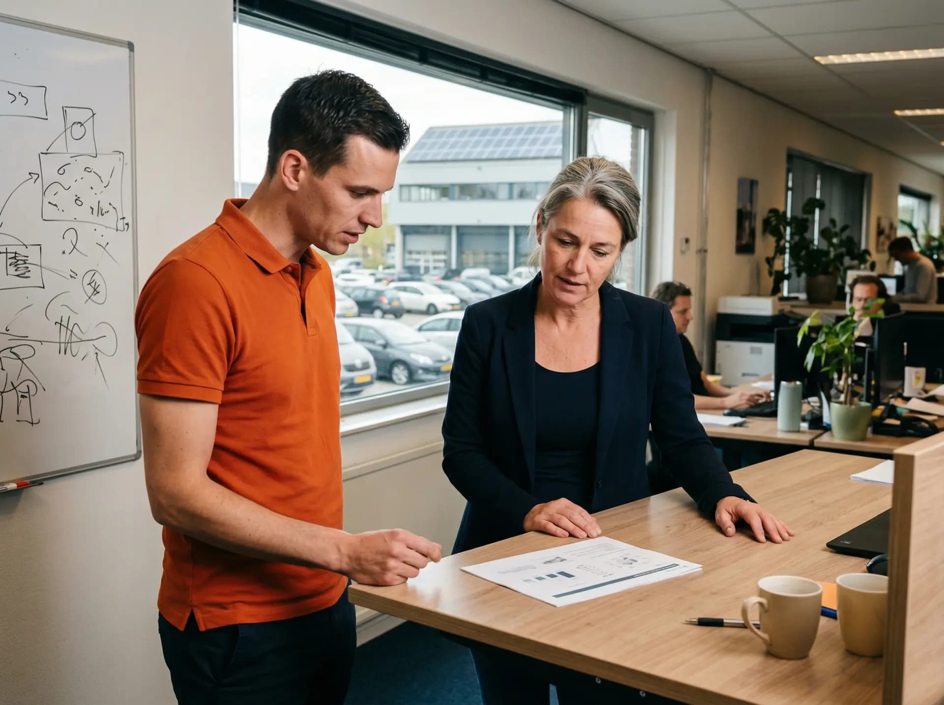 Energieadviseur bespreekt MIA-voordeel met MKB-ondernemer bij standtafel in kantoor