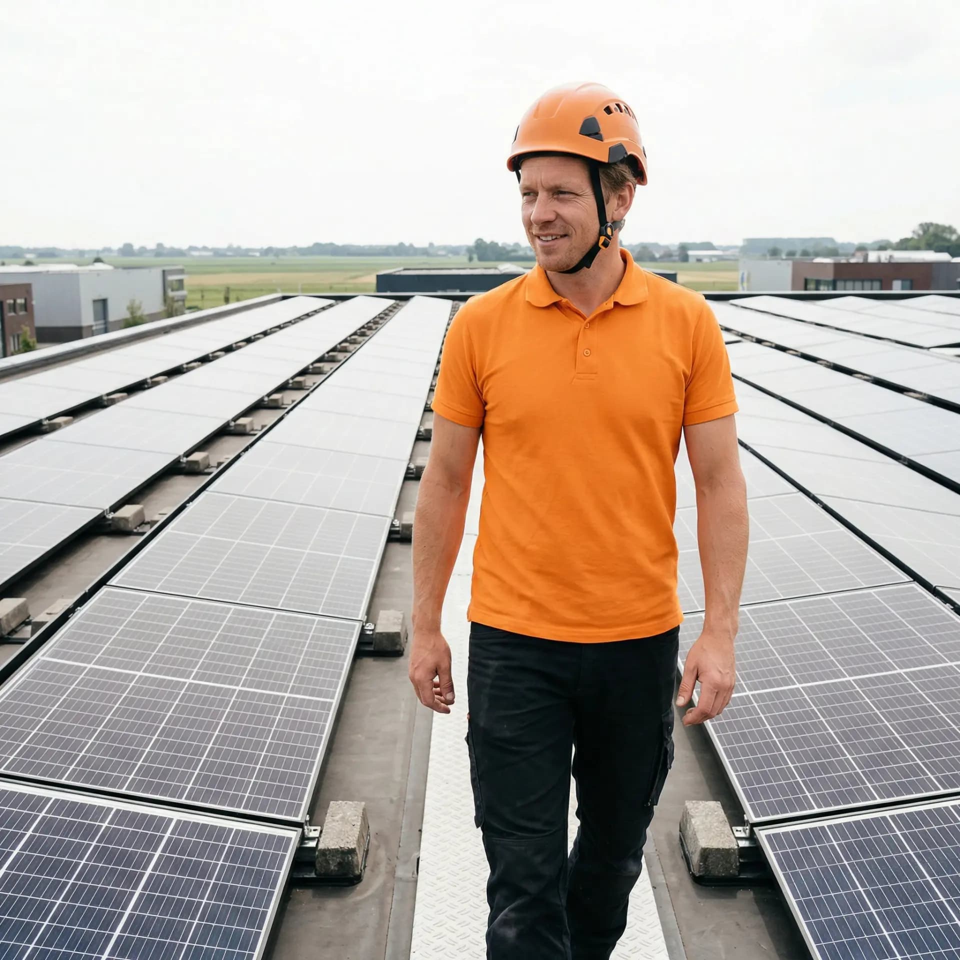 Energieadviseur inspecteert commercieel zonnedak op plat dak van bedrijfspand