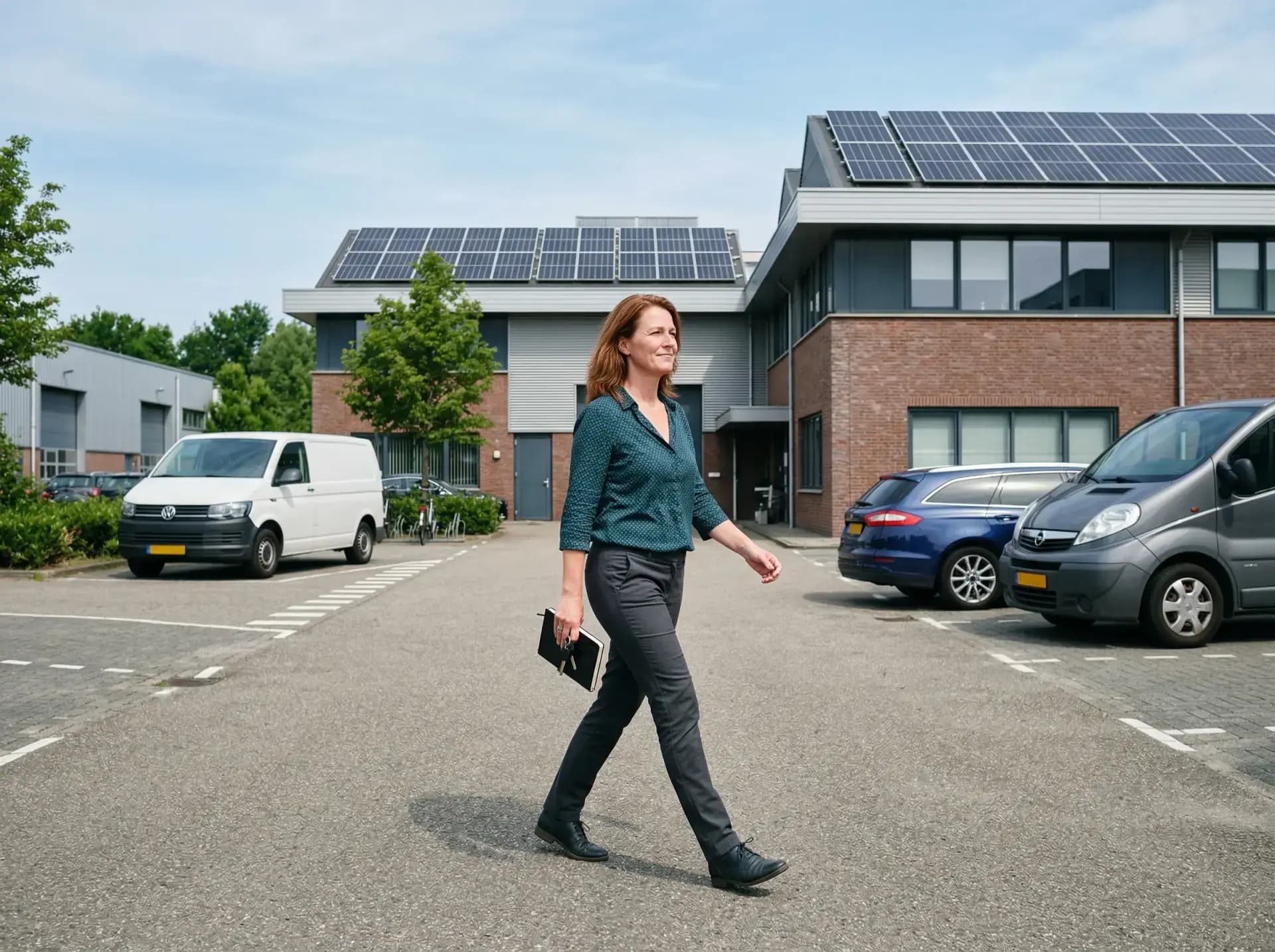 Bedrijventerrein met zonnepanelen en laadpalen voor energiedeling