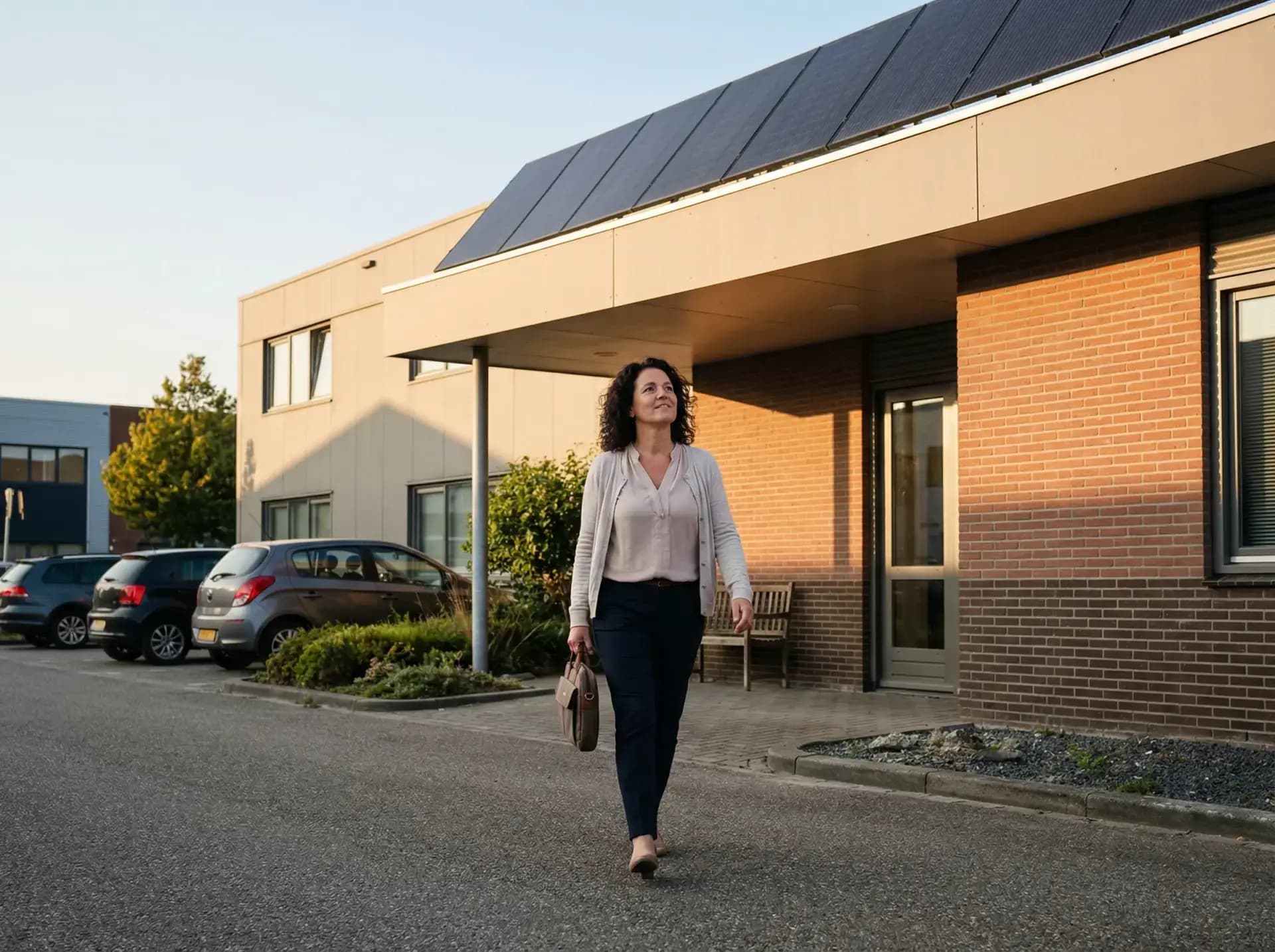 Onderneemster loopt tevreden naar bedrijfspand met zonnepanelen op het dak