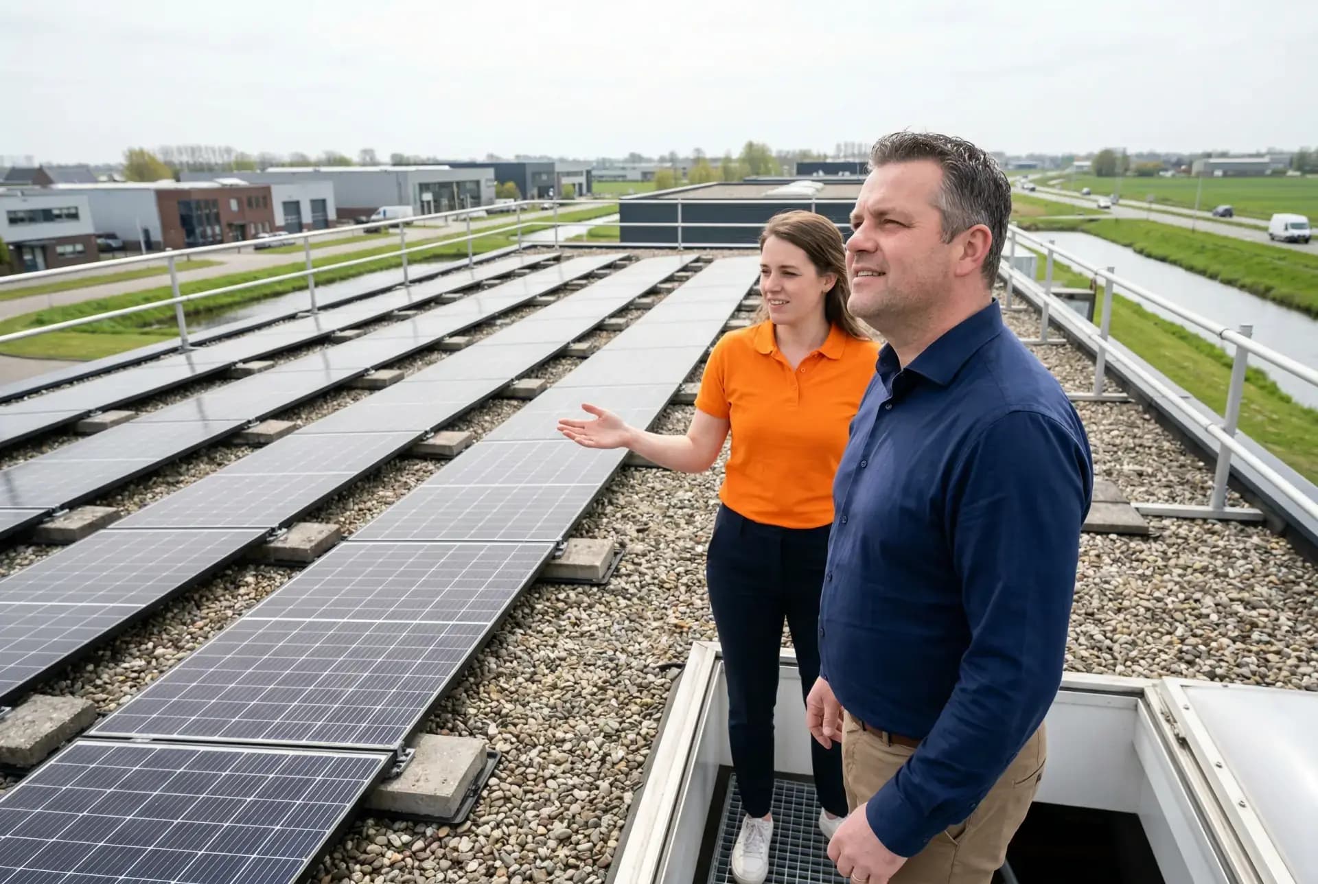 Chef d'une PME inspectant les panneaux solaires sur le toit de son bâtiment professionnel