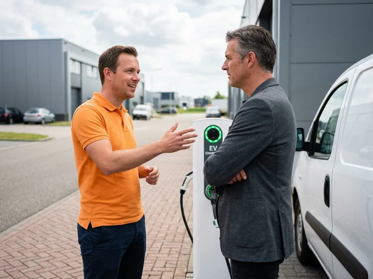 Energieadviseur bespreekt DC snellader-advies met ondernemer op bedrijfslocatie