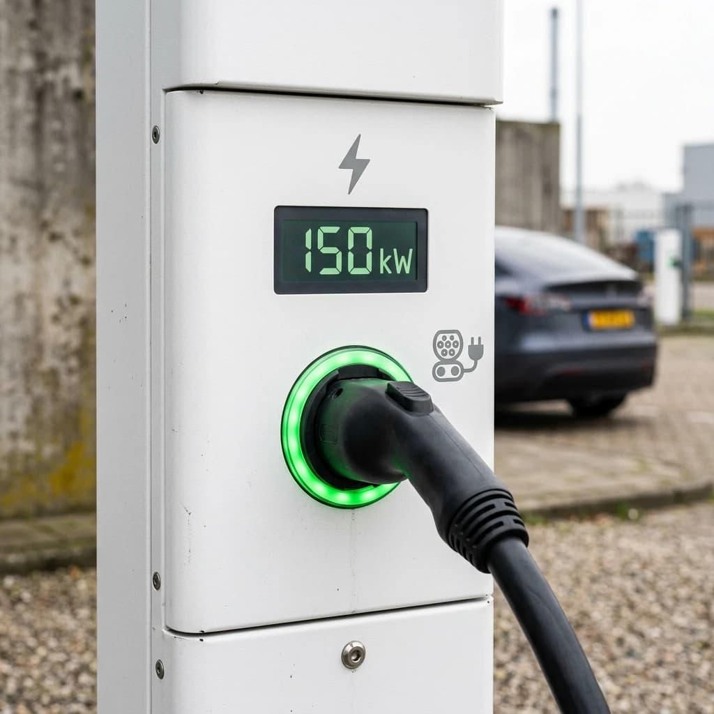 Display van DC snellader toont 150 kW laadvermogen en laadstatus op bedrijfsterrein