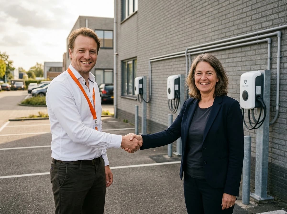 Energieadviseur bespreekt laadinfra-plan met ondernemer bij bedrijfspand