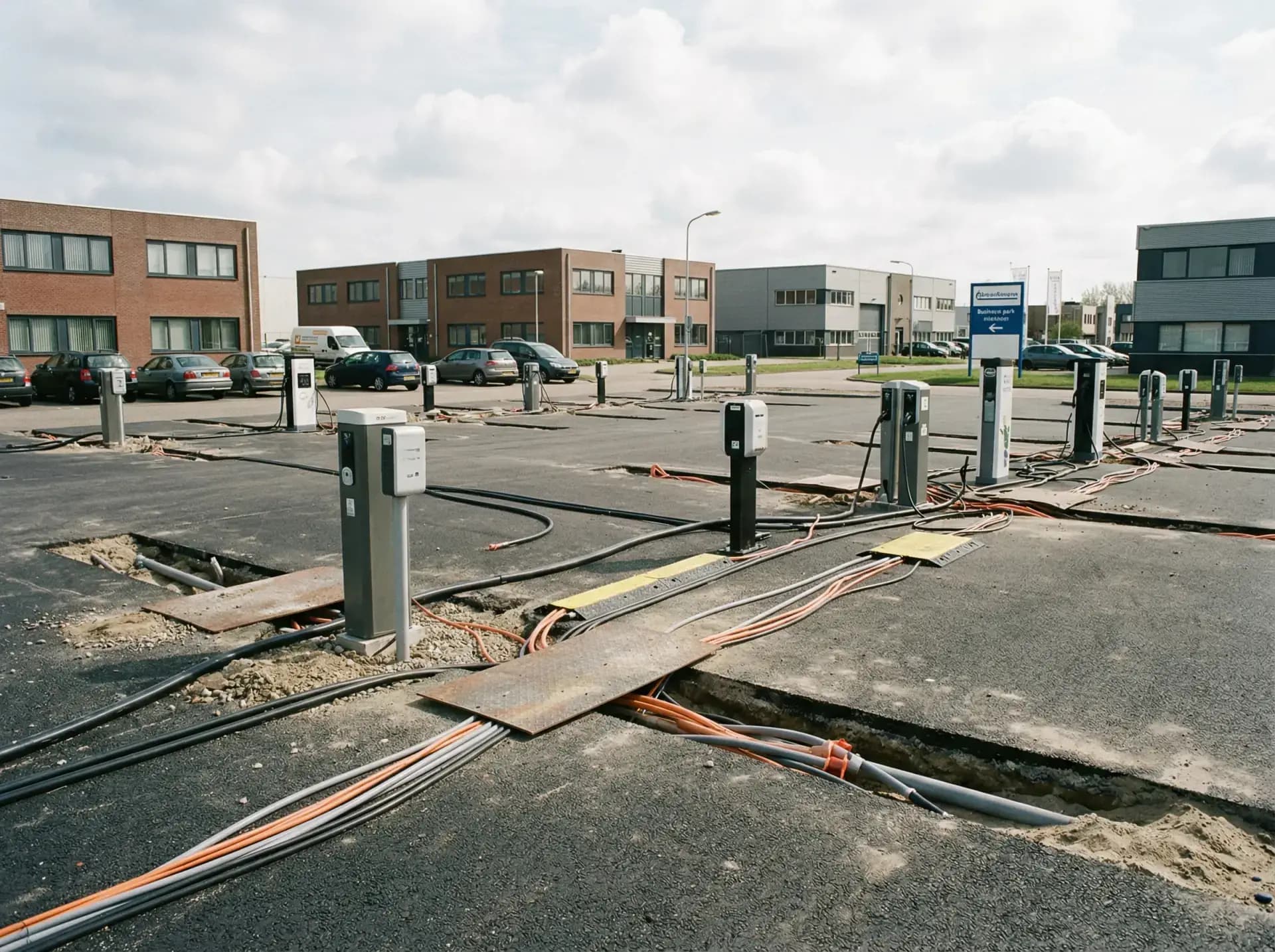 Parkeerplaats met afzonderlijke laadpalen en zichtbare kabelgoten