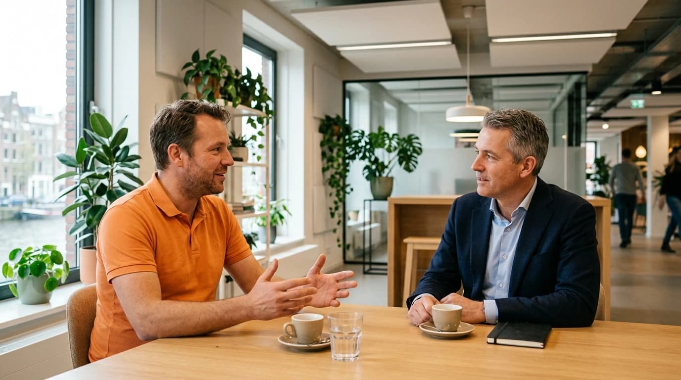 Anteas adviseur bespreekt zonnepanelen quickscan met ondernemer op locatie bij bedrijfspand