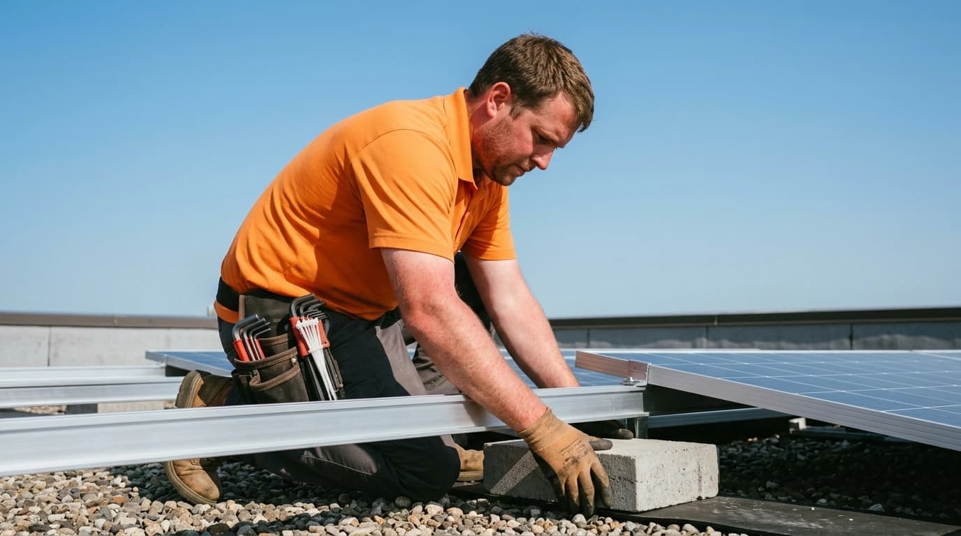 Close-up van ballastsysteem voor zonnepanelen op plat industrieel dak