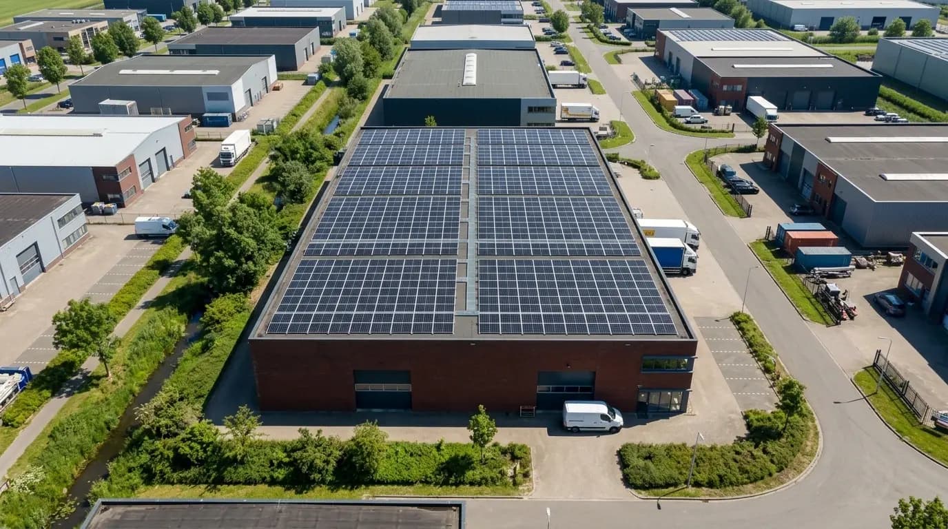 Overzicht van bedrijfspand met zonnepanelen op plat dak vanuit vogelperspectief