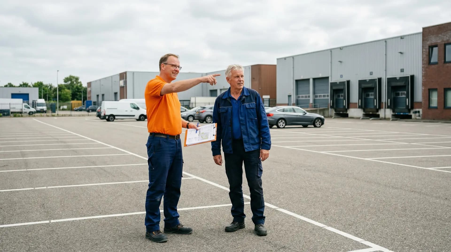 Energieadviseur in oranje polo bespreekt solar carport plan met ondernemer op locatie