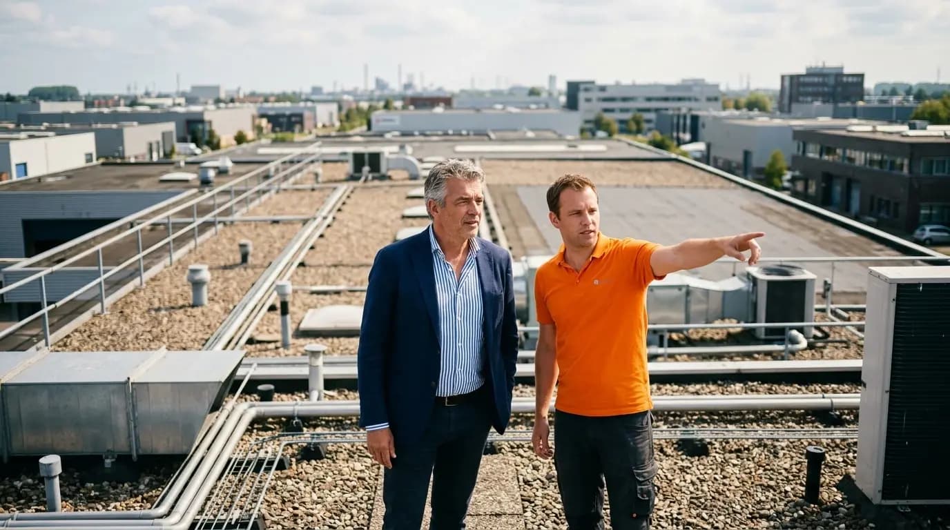 Ondernemer bespreekt zonnepanelen-investering met adviseur bij bedrijfspand