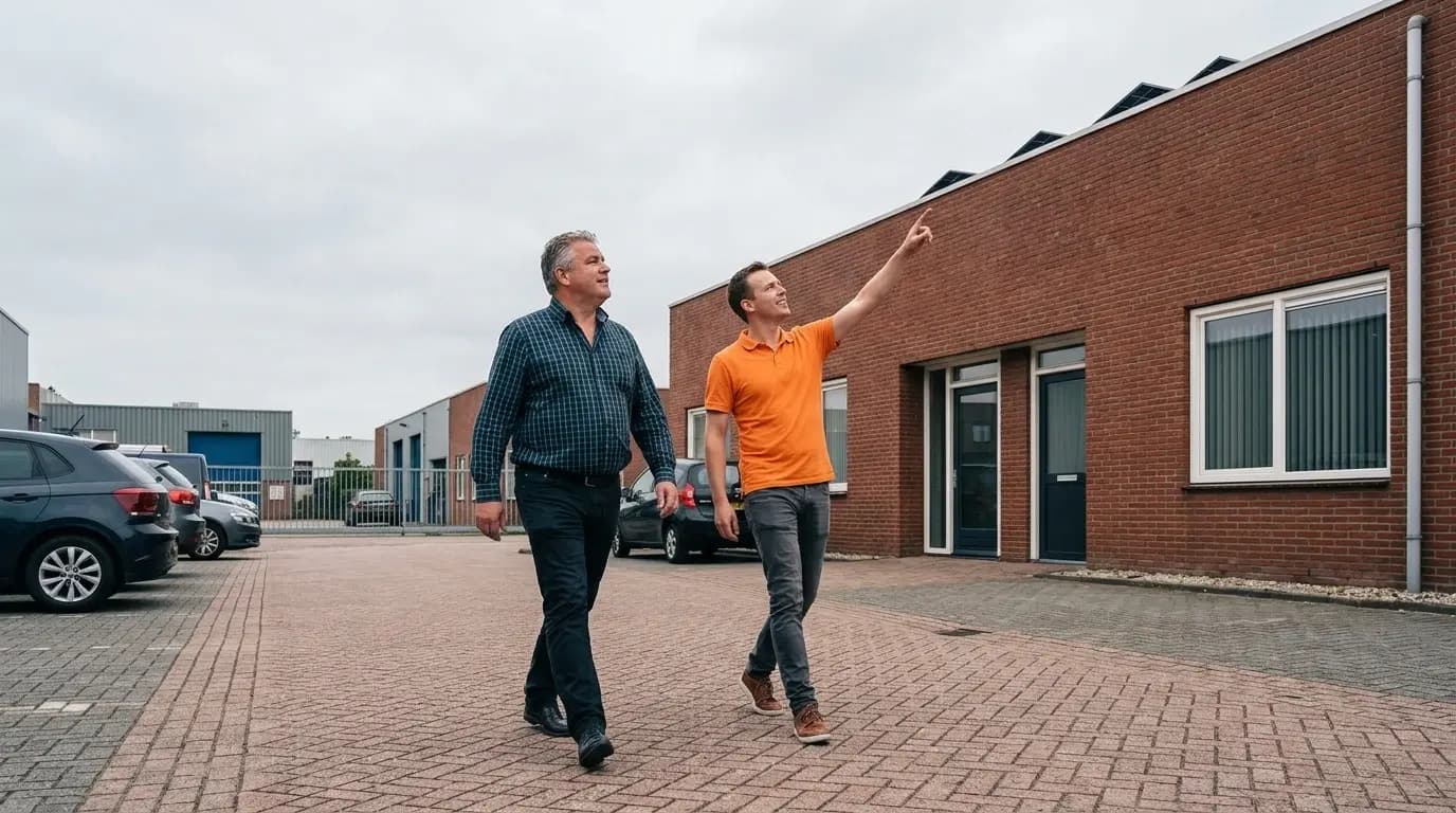 Trotse ondernemer staat voor zijn bedrijfspand met zonnepanelen op het dak