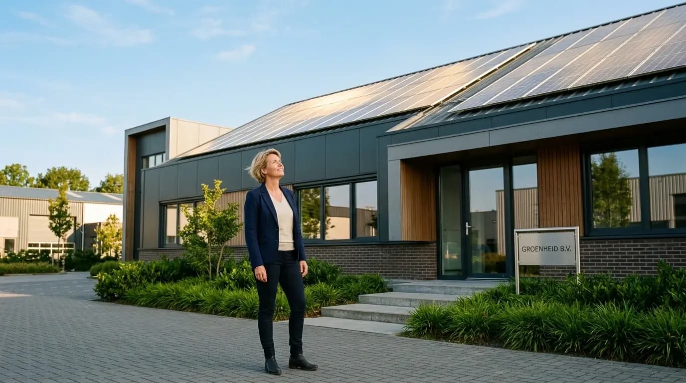 Ondernemer en adviseur bekijken zonnepanelen op bedrijfsdak tijdens adviesgesprek