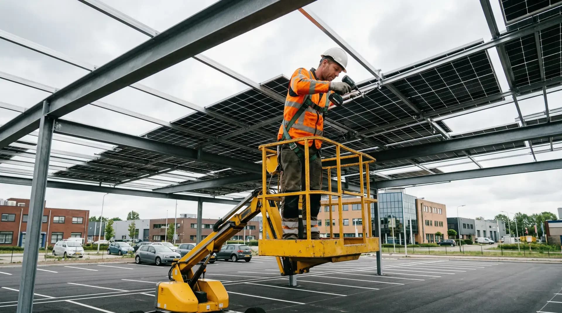 Monteur installeert zonnepanelen op stalen solar carport constructie bij bedrijventerrein
