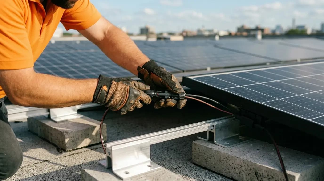 Close-up van zonnepanelen montage op plat bedrijfsdak met ballastsysteem