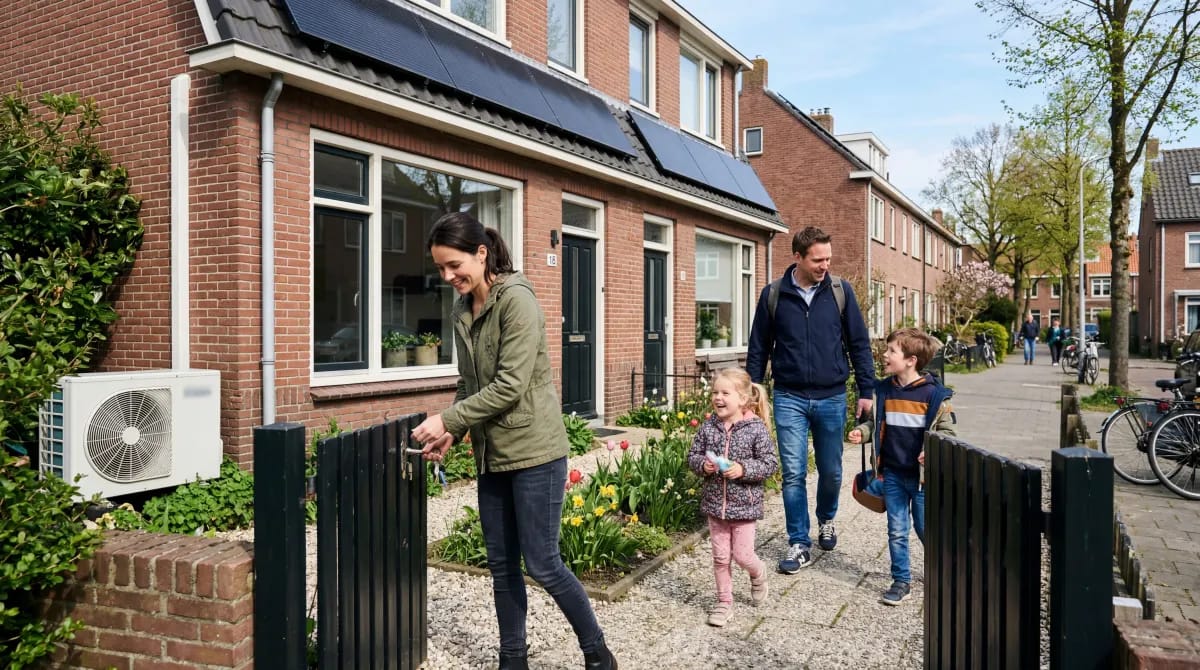 Gezin voor moderne energiezuinige woning met PVT panelen op het dak