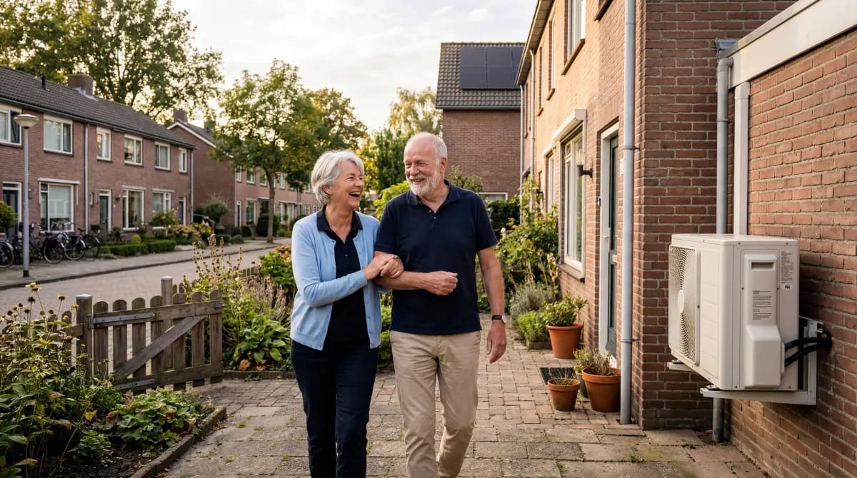 Ouder echtpaar wandelt arm-in-arm langs hun rijtjeswoning met warmtepomp zichtbaar aan de zijgevel
