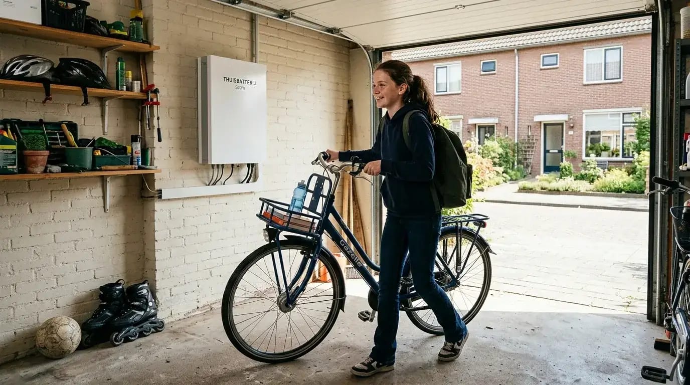 Tiener met fiets in garage met thuisbatterij aan de muur in een Nederlandse woonwijk