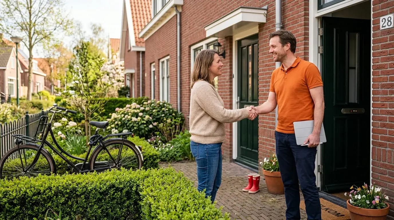 Energieadviseur schudt hand met huiseigenaar bij de voordeur van een Nederlandse woning