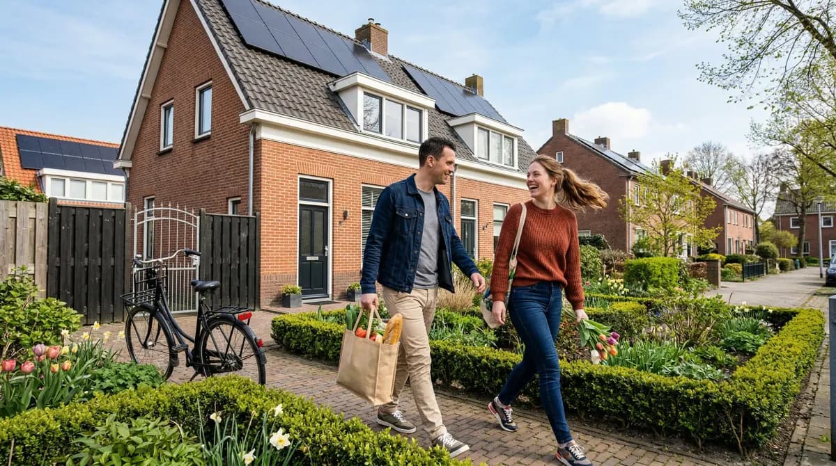 Jong stel arriveert thuis in Nederlandse wijk met zonnepanelen op het dak - dag-ahead prijzen