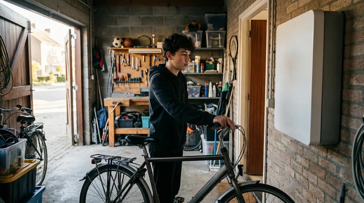 Thuisbatterij wandgemonteerd in garage, laadt automatisch bij lage day-ahead stroomprijs
