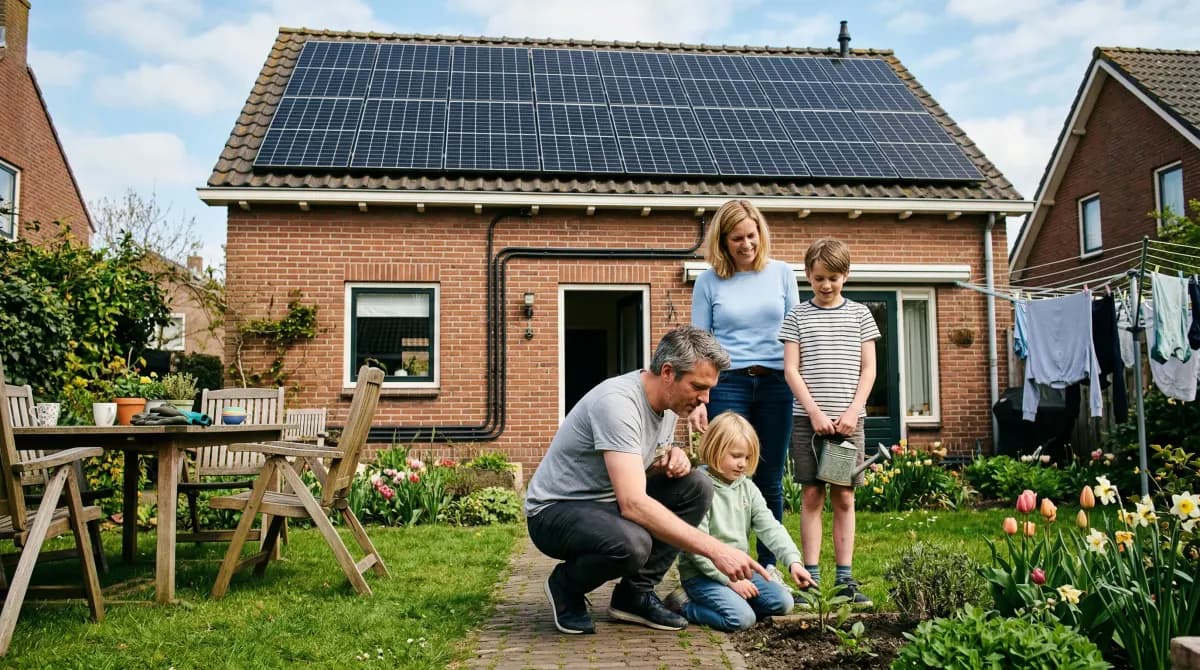 Gezin in tuin van energiezuinige woning met zonnepanelen op het dak voor eigenverbruiksoptimalisatie
