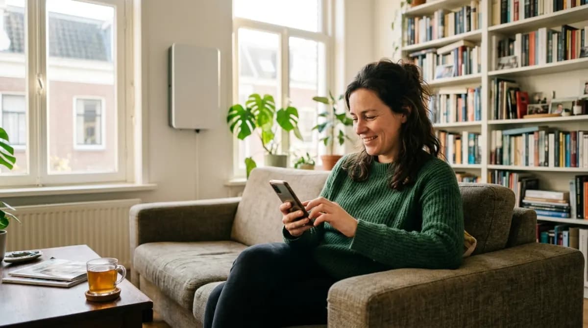 Vrouw in woonkamer bekijkt energieapp op telefoon, blij met besparing op energierekening