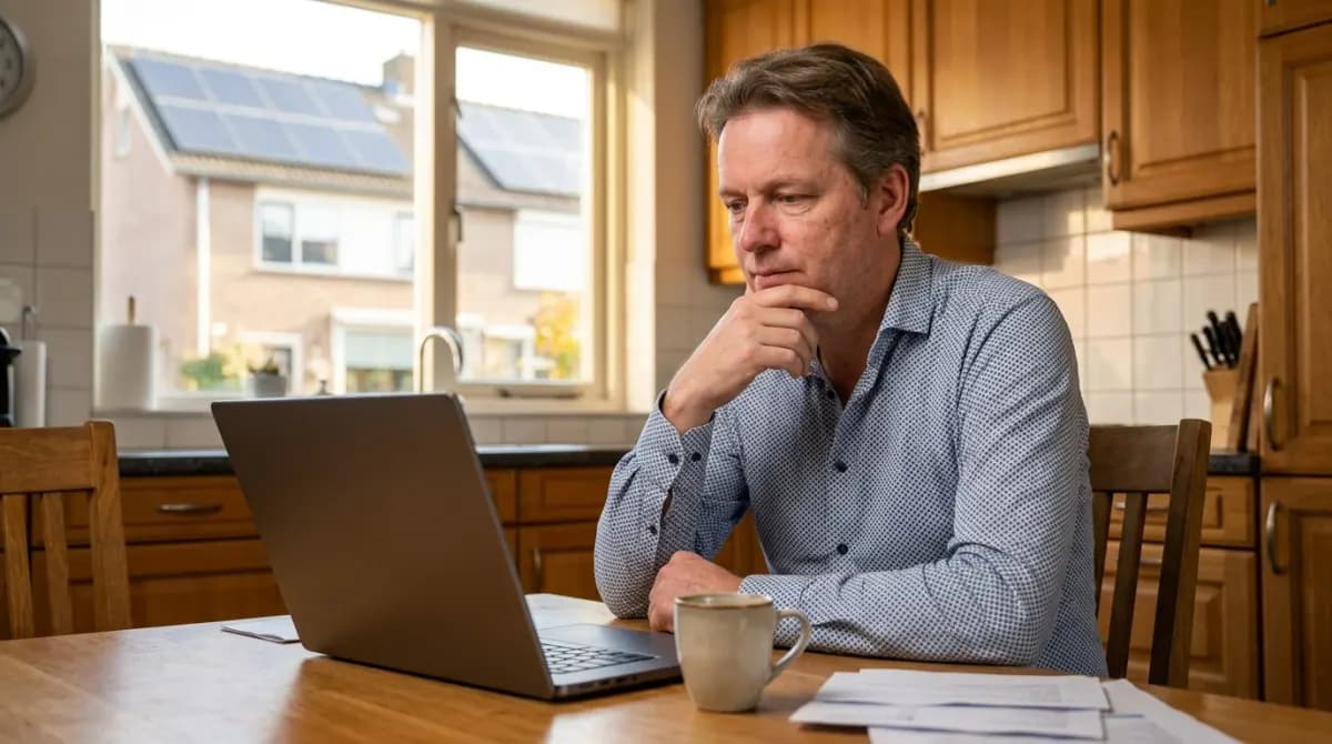 Man aan keukentafel vergelijkt energiecontracten op laptop, nadenken over beste keuze