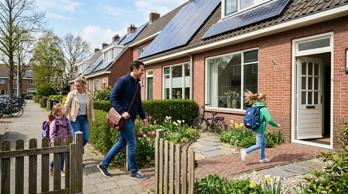 Nederlandse huiseigenaar staat trots voor zijn huis met zonnepanelen op het dak