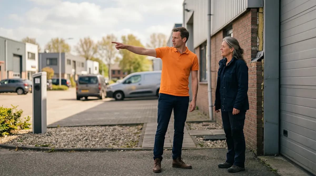 Anteas adviseur in gesprek met MKB-ondernemer bij bedrijfslocatie over energieopslag