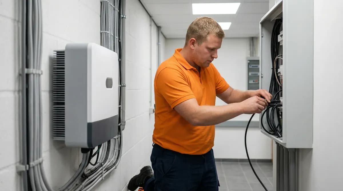 Anteas installateur in oranje polo bij technische ruimte van zakelijke energieopslag installatie