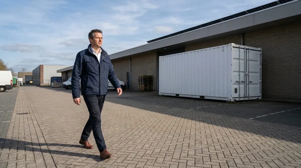 Zakelijk energieopslagsysteem bij een bedrijfspand met zonnepanelen op het dak