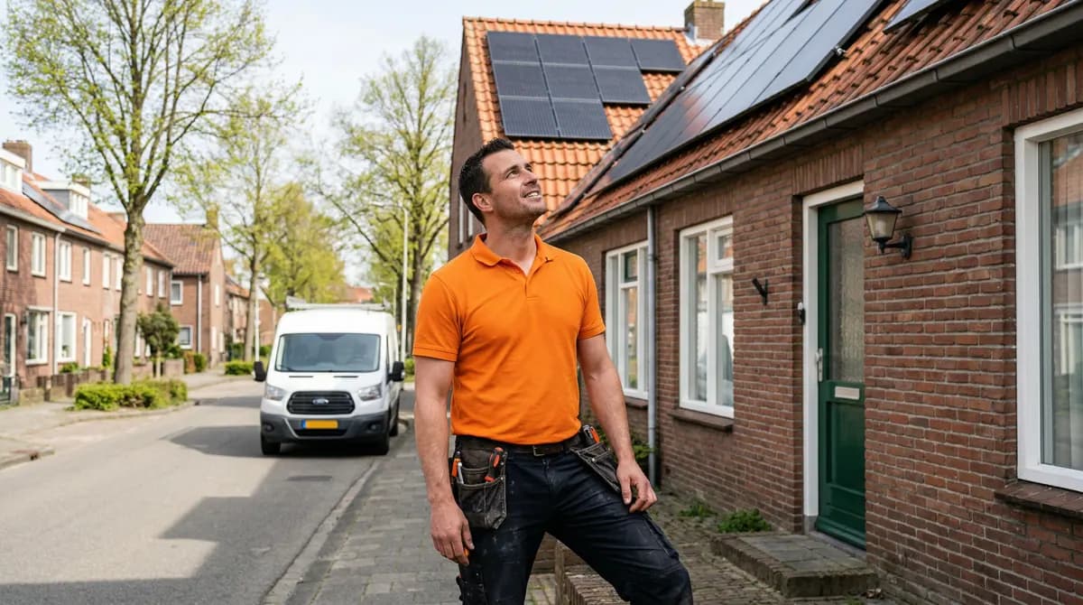 Anteas installateur in oranje polo kijkt trots naar de voltooide thuisbatterij installatie op een