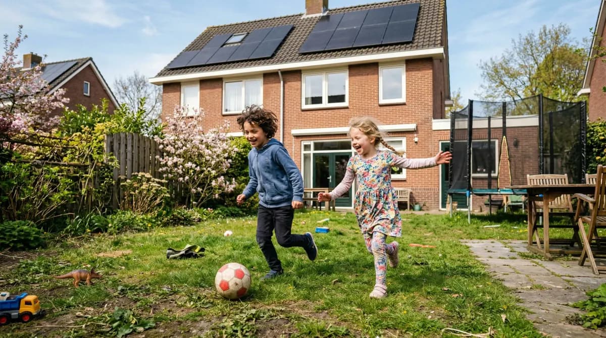 Kinderen spelen en rennen in de tuin met zonnepanelen zichtbaar op het dak