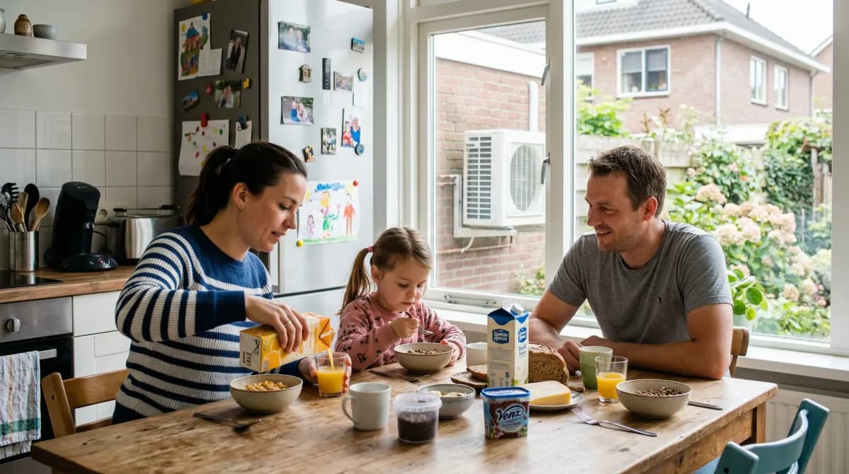 Gezin ontbijt in Nederlandse keuken, warmtepomp buitenunit zichtbaar door raam