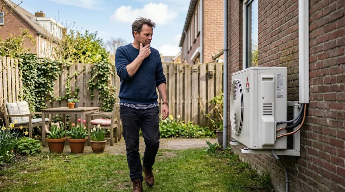 Huiseigenaar in tuin overweegt hybride warmtepomp buitenunit aan gevel