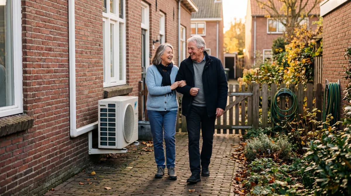 Ouder echtpaar wandelt langs warmtepomp buitenunit aan zijgevel van hun Nederlandse woning