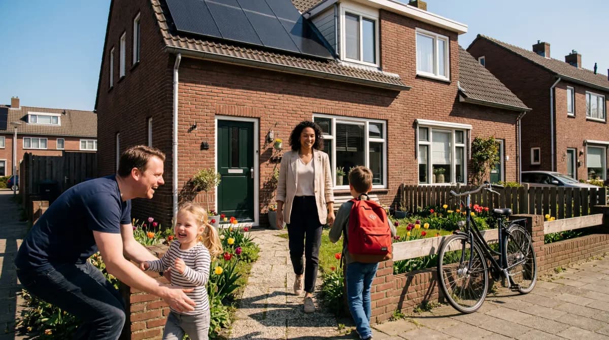 Gezin voor Nederlands rijtjeshuis met zonnepanelen op het dak, blij en ontspannen buiten