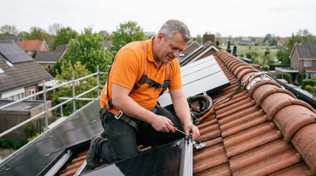 Vakman in oranje polo inspecteert zonnepanelen op schuin dak van rijtjeswoning