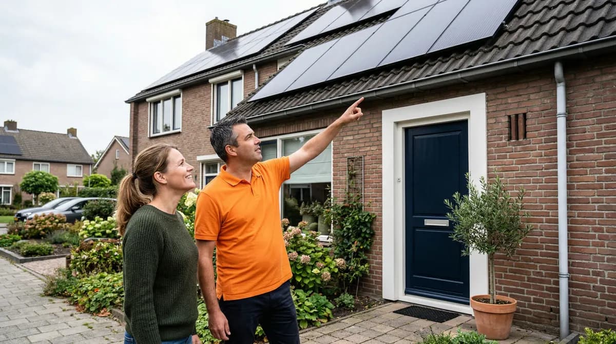 Energieadviseur bespreekt warmtepomp opties met huiseigenaar in moderne woonkamer