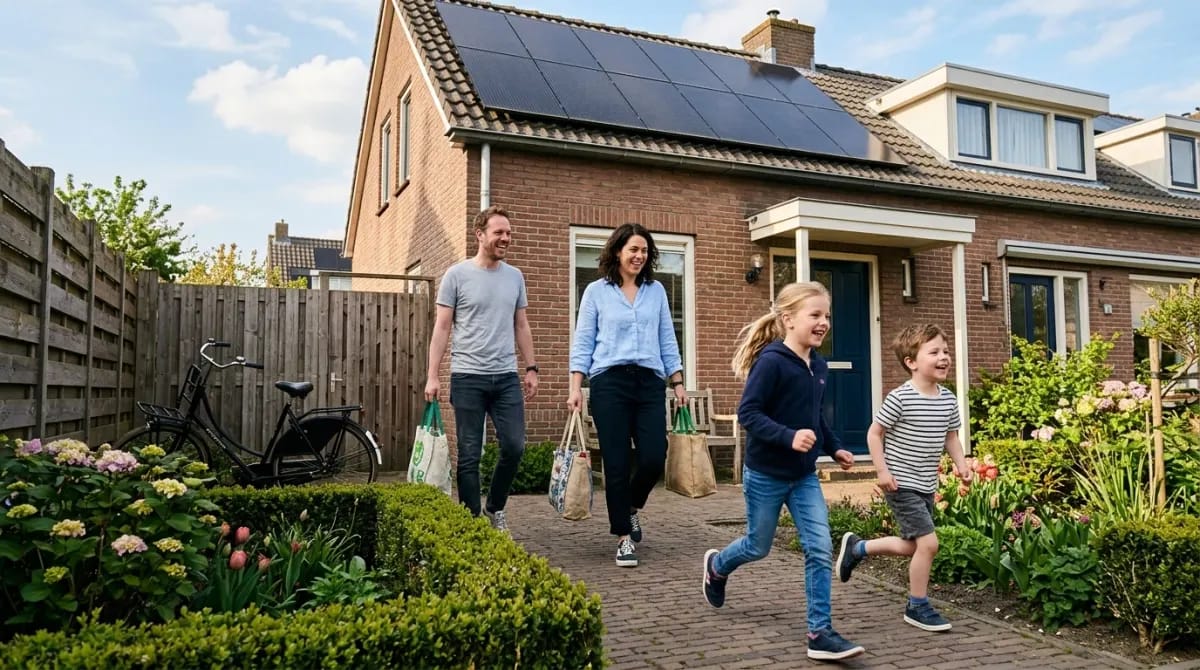 Gezin kijkt tevreden naar zonnepanelen op het dak van hun woning