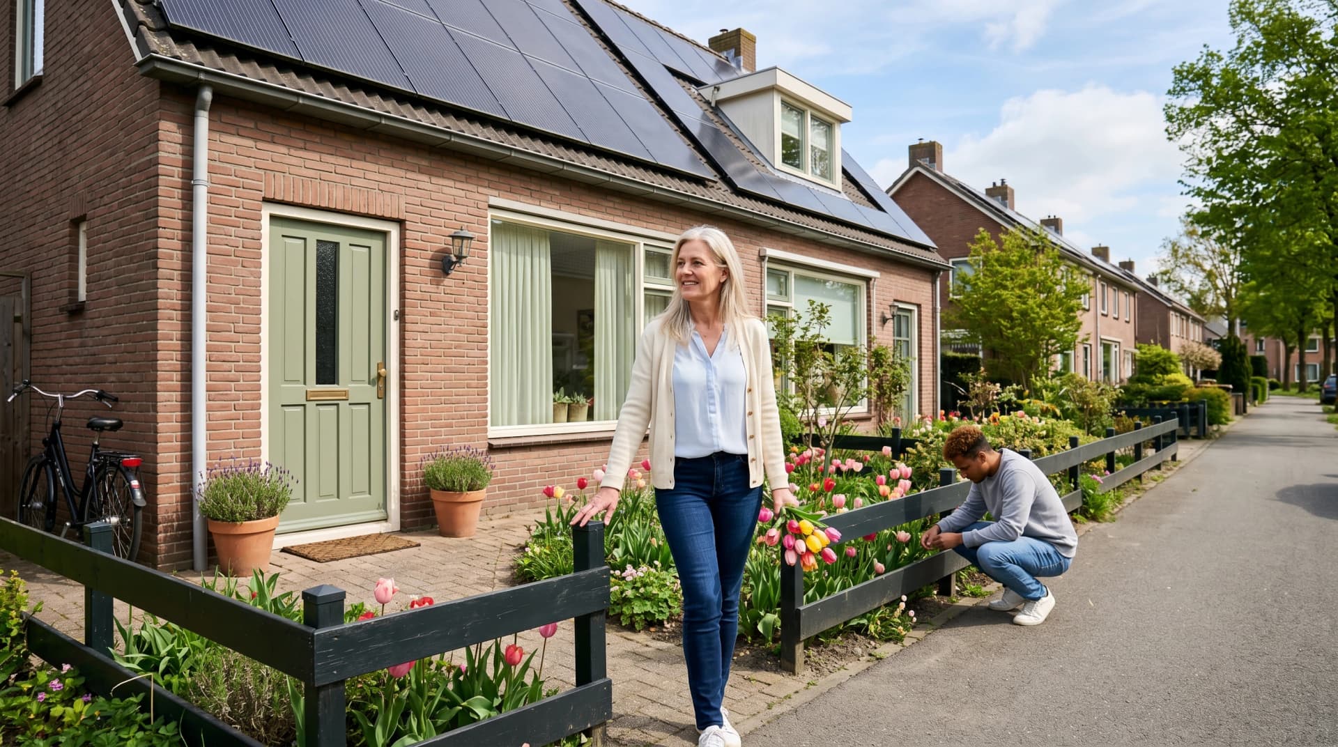 Nederlandse huiseigenaar in voortuin voor rijtjeswoning met zonnepanelen, overweegt verkoop of verhuur