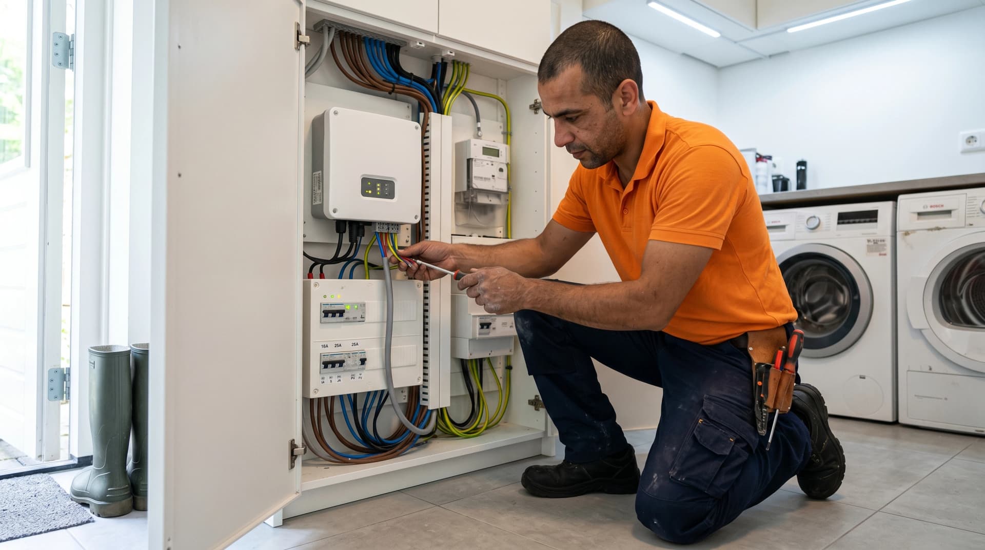 Installateur in oranje polo sluit thuisbatterij vast aan in de meterkast volgens NEN 1010