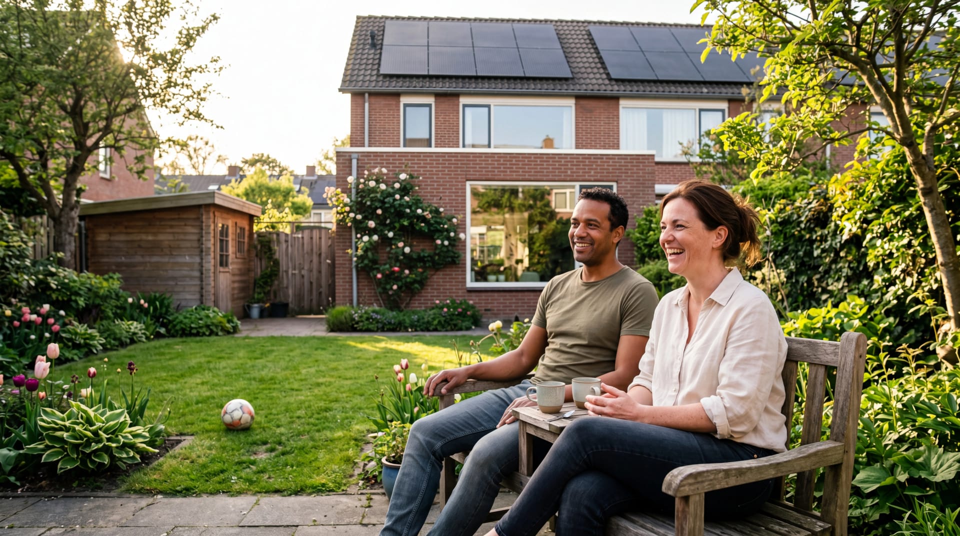 Nederlands echtpaar ontspant in de achtertuin met zonnepanelen op het dak in avondlicht