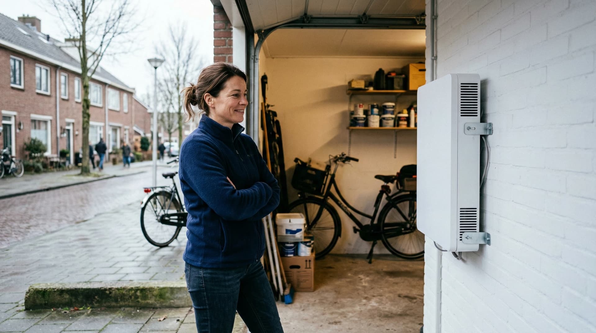 Anteas installateur legt thuisbatterij installatie uit aan huiseigenaar in garage na plaatsing