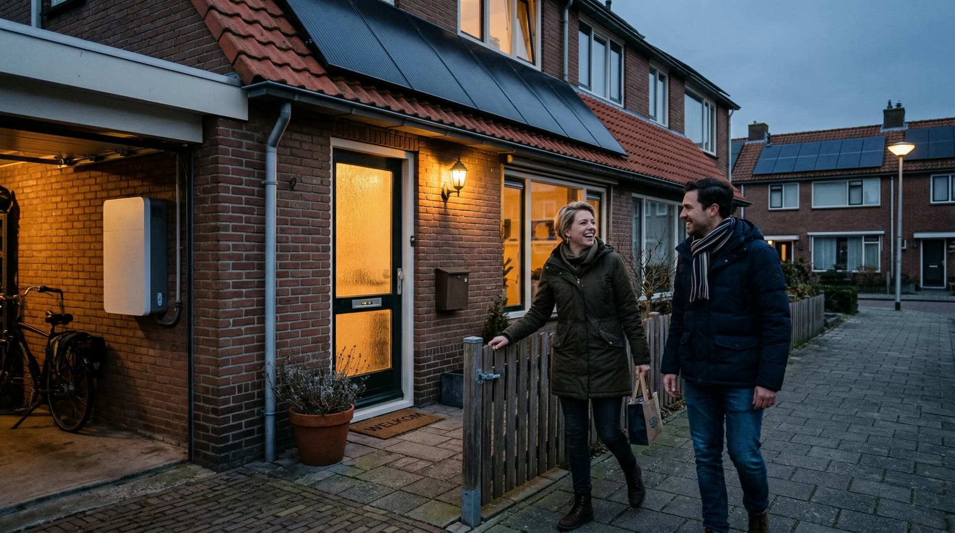 Stel komt thuis op winteravond bij energiezuinige woning met zonnepanelen en thuisbatterij in de